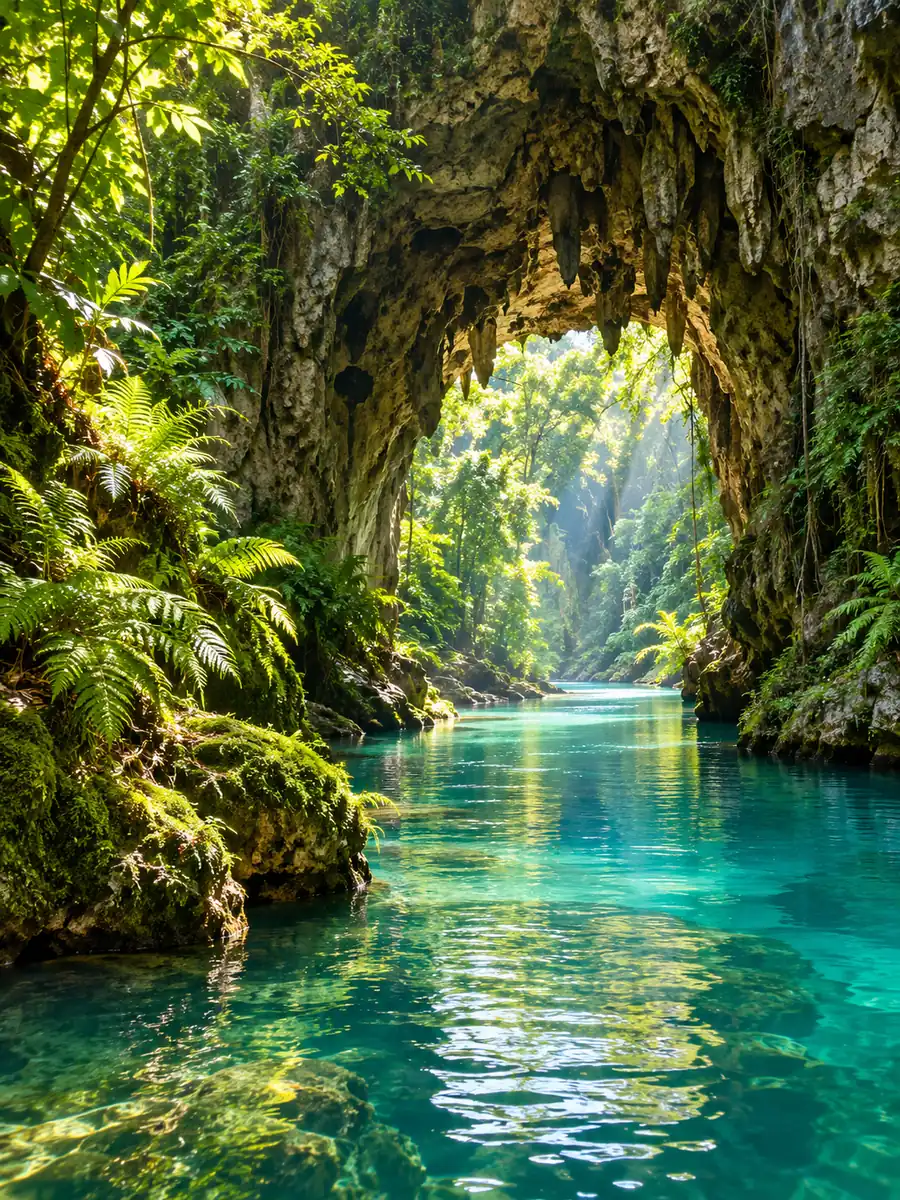 A turquoise river flowing out of a tall limestone cave arch in the Belize rainforest