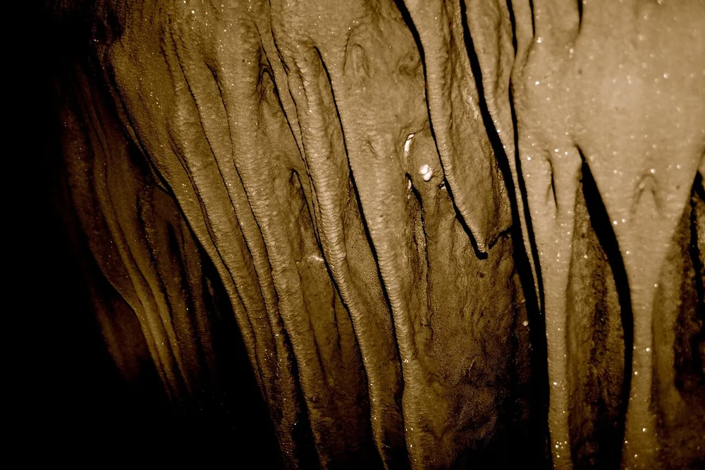 Close view of brown stalactites hanging in a dark cave