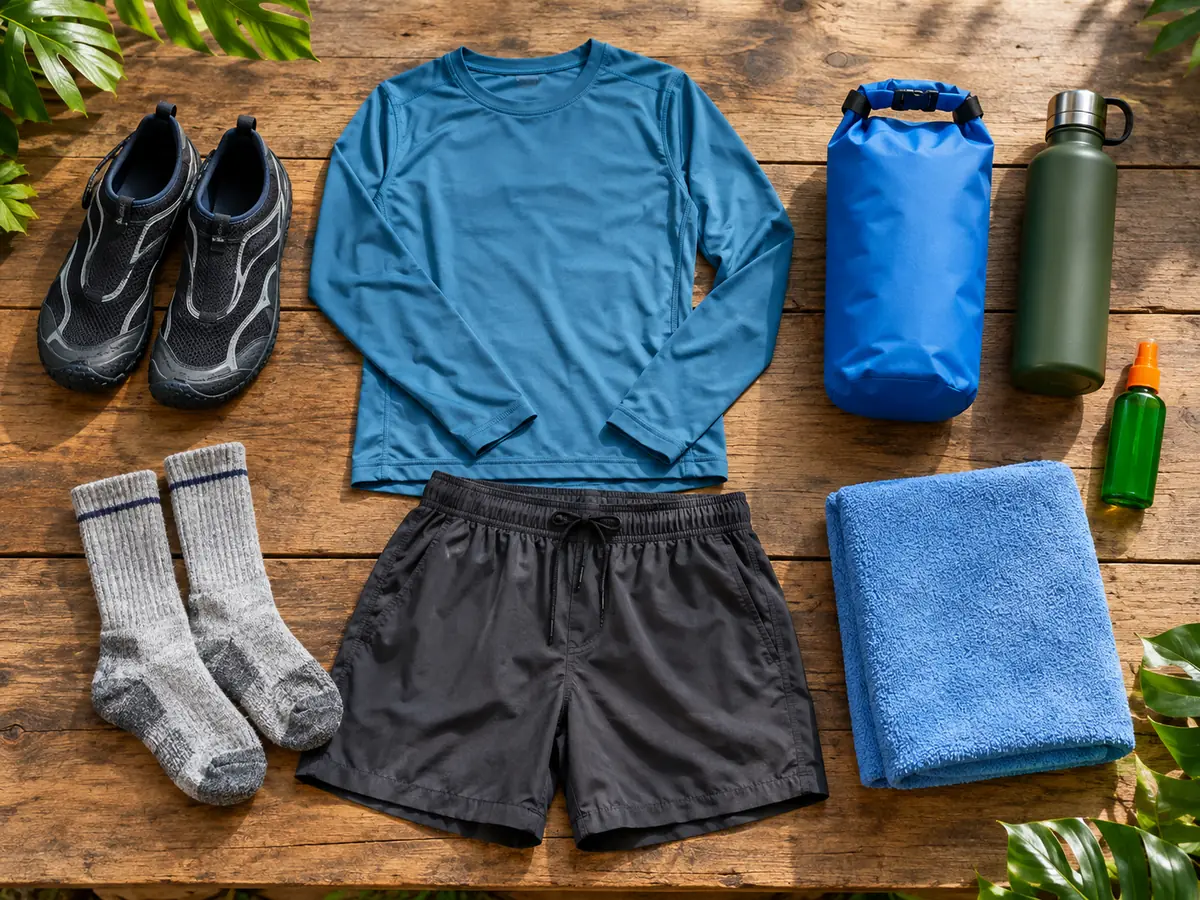 Water shoes, thick socks, quick-dry clothes, a dry bag and insect repellent on a wooden table
